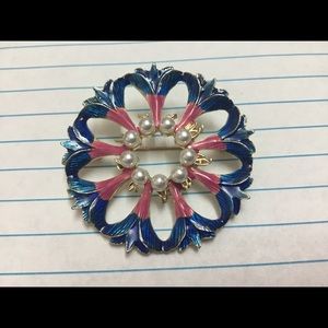Pearl Red and Blue Flower Brooch Pin